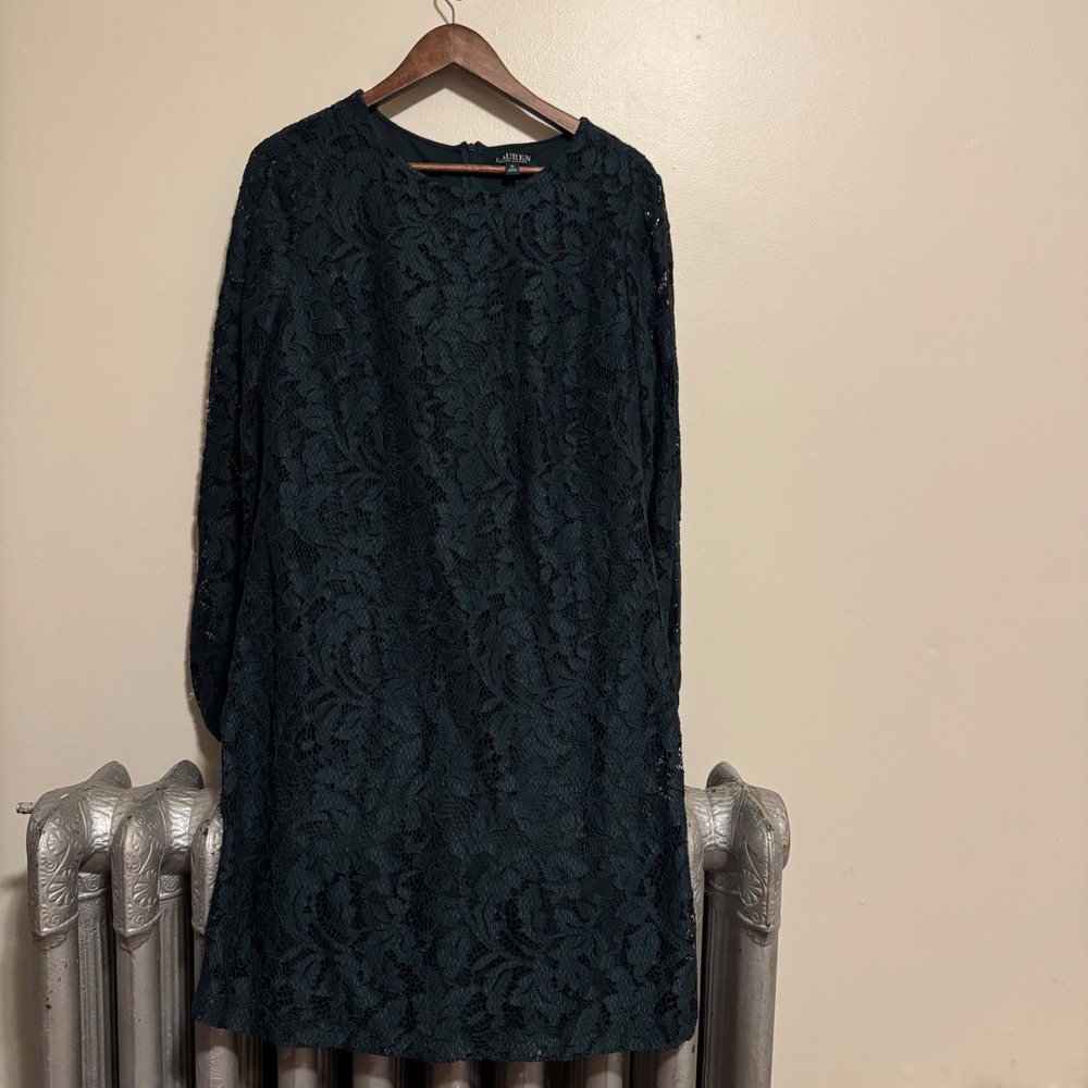Lauren Ralph Lauren Women's Emerald Green Lace Long Sleeve Holiday Dress Size 14